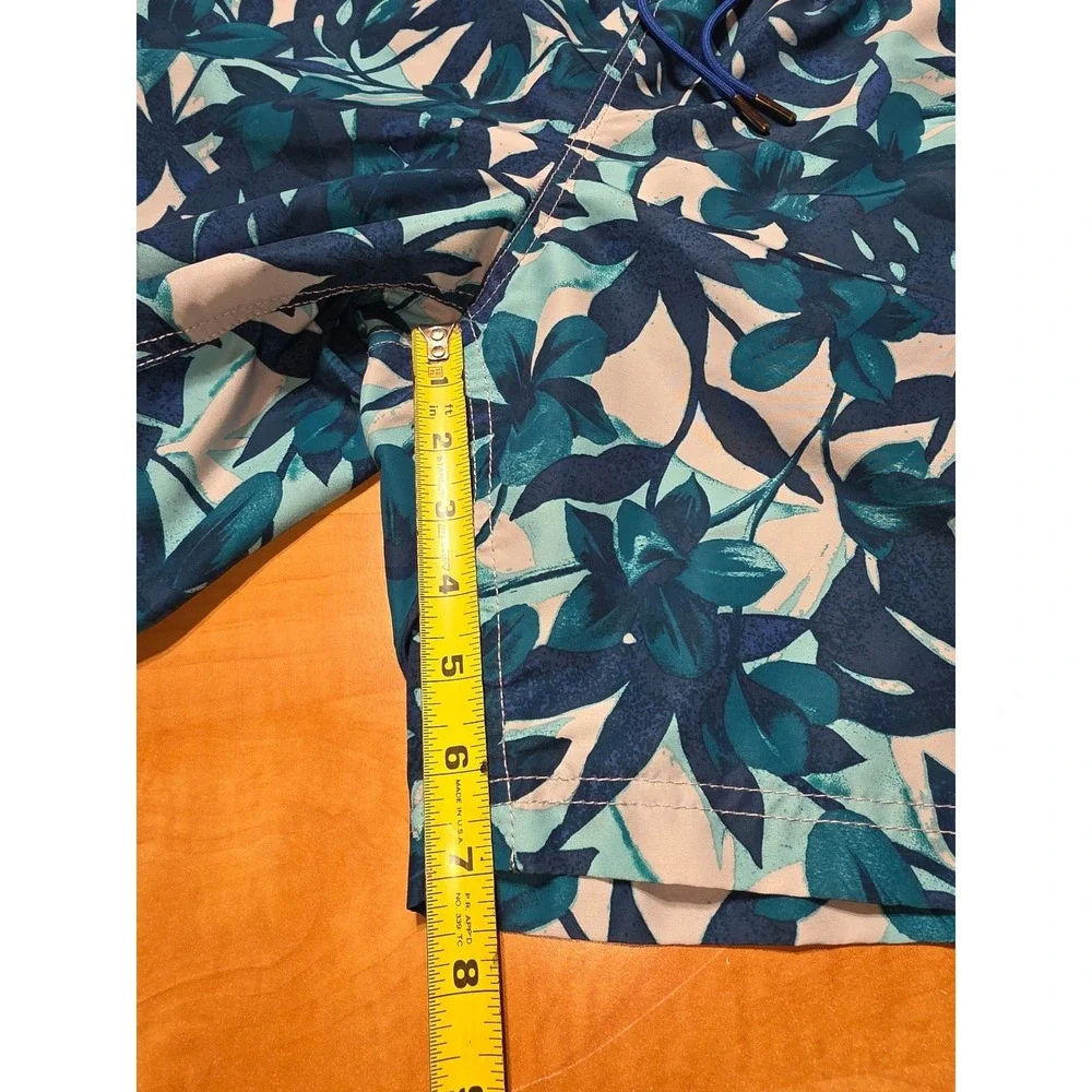 Lands End Mens Tropical Floral Swim Trunks Blue Teal Monstera Board Shorts Med